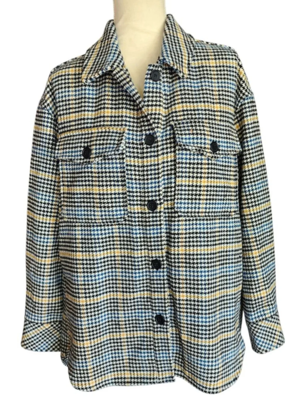 Melloday Women's M Houndstooth Shacket Jacket Blue Black Yellow Plaid Button Up